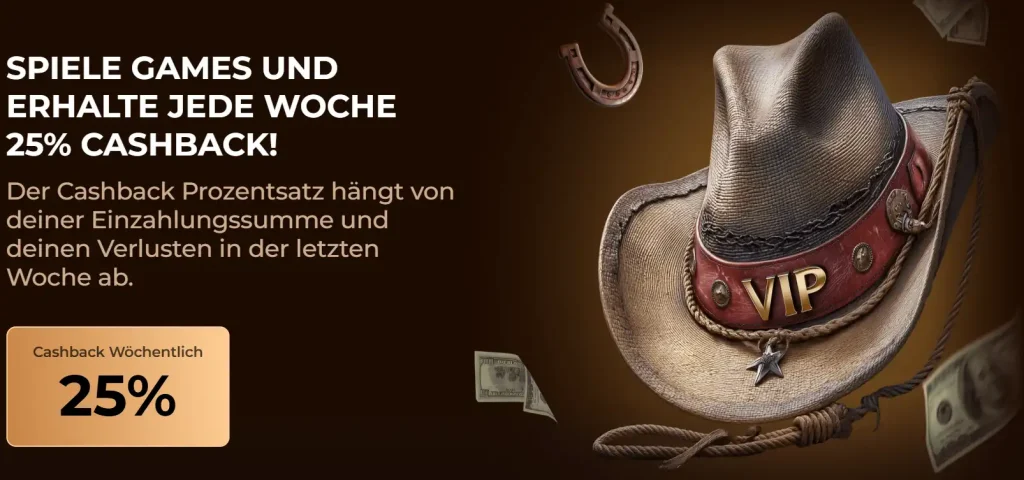 Rodeoslot Casino Cashback Banner mit 25 Prozent wöchentlichem Bonus und VIP Hut
