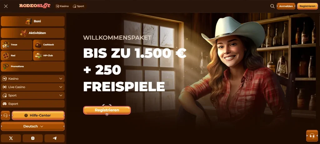Rodeoslot Casino Startseite mit Willkommenspaket bis zu 1500 Euro und 250 Freispiele