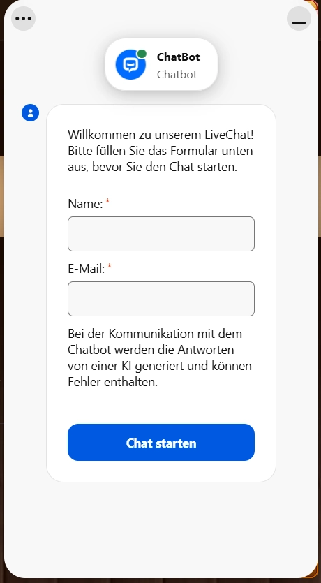Rodeoslot Casino Live Chat Formular mit Eingabe für Name und E Mail