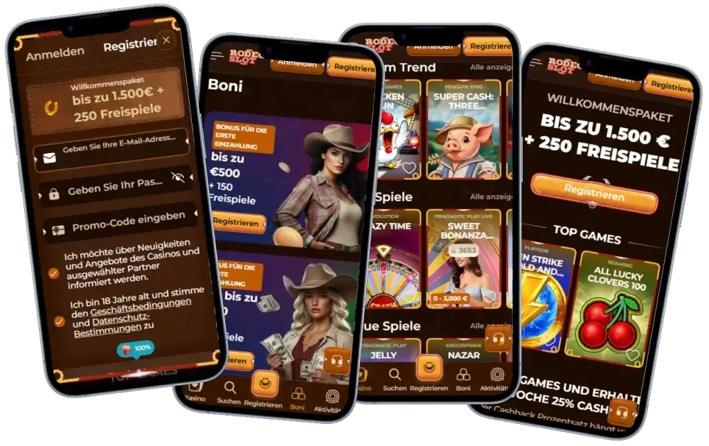 Rodeoslot Casino mobile Ansicht auf Smartphones mit Bonus Angeboten Spielen und Benutzeroberfläche