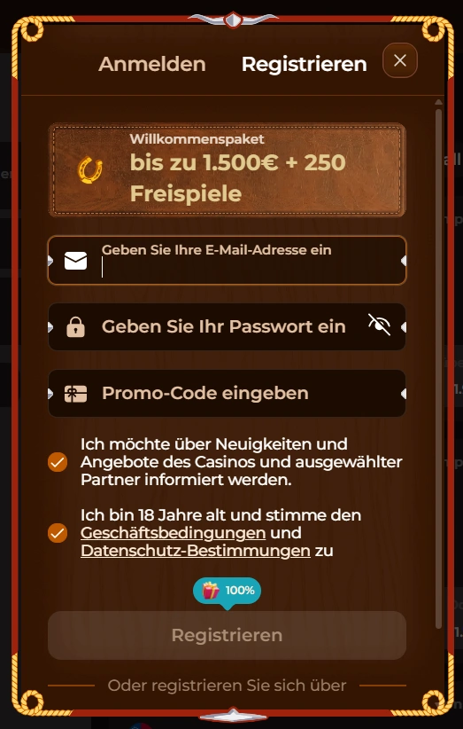 Rodeoslot Casino Registrierungsformular mit Willkommensbonus bis zu 1500 Euro und Freispiele