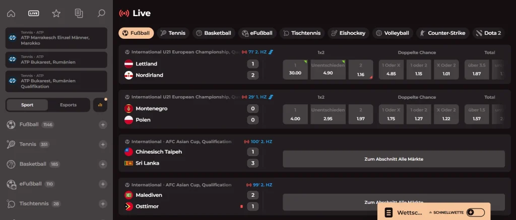 Rodeoslot Casino Sportwetten Bereich mit Live Spielen und Quoten für Fußball und andere Sportarten